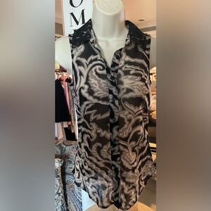 INC International Concepts Black and Gray Sheer Sleeveless Button-Up Blouse